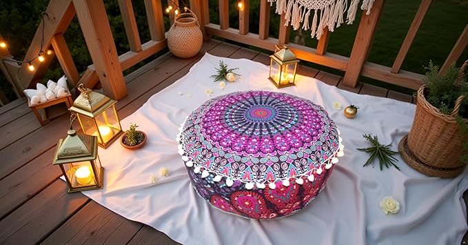 INDIAN CRAFT CASTLE ICC Mandala Barmeri Large Floor Pillow Cover Cushion Meditation Seating Ottoman Throw Cover Hippie Decorative Zipped Bohemian Pouf Ottoman Cases Pink Peacock 16" Round