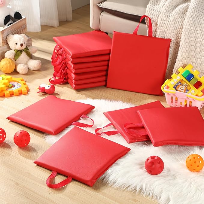 Suzile 12 Pcs 12'' Square Floor Cushions for Kids Classroom Flexible Floor Seating Elementary with Handles Classroom Carpet Cushions for Adults Toddlers Daycare Preschool School(Red)