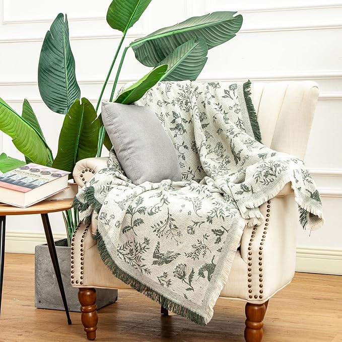 LALIFIT Boho Chic Decorative Throw Blanket Vintage Woodland Floral Bird Design with Tassels Soft Cotton Lightweight & Cozy for Home, Couch, Sofa, Farmhouse 50x60 Inches (Sage Green)