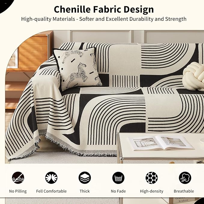 Boho Couch Cover Sofa Covers Washable, Chenille Couch Covers for 3 Cushion Couch Sofa Pet Friendly, Bohemian Sofa Slipcovers for Sectional Sofa, Loveseat, 2 3 4 Seater (71" x 102", Black)