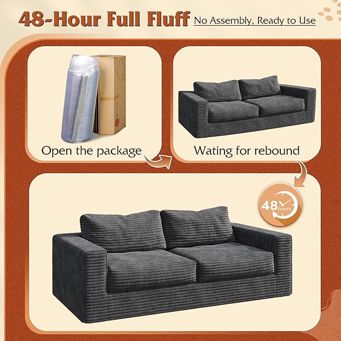 WLIVE 82'' Boneless Loveseat, Couches for Living Room, Bean Bag Couch for Adults, with Pillows, Giant Floor Couch, Plush Sofa, Grey, Loveseat