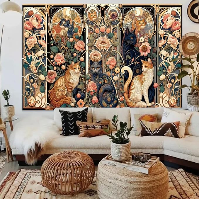 Apdidl Boho Floral Cute Wall Tapestry for Bedroom, Vintage Flower Cat Wall Hanging, Bohemian Style Orange and Black Cats Funny Tapestries, Animal Painting Art Poster for Girls Room Dorm Beach Decor (39" X 60")