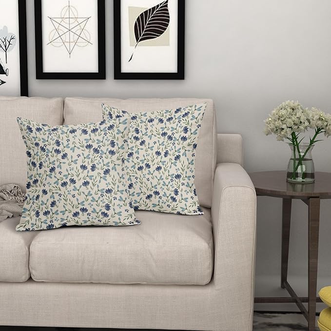 Green Teal Navy Blue Floral Pillow Covers 18x18 Set of 2 Vintage Rustic Old Style Cute Small Flower Print Decorative Outdoor Pillowcases Farmhouse Throw Cushion Case Decor for Couch Sofa Bed