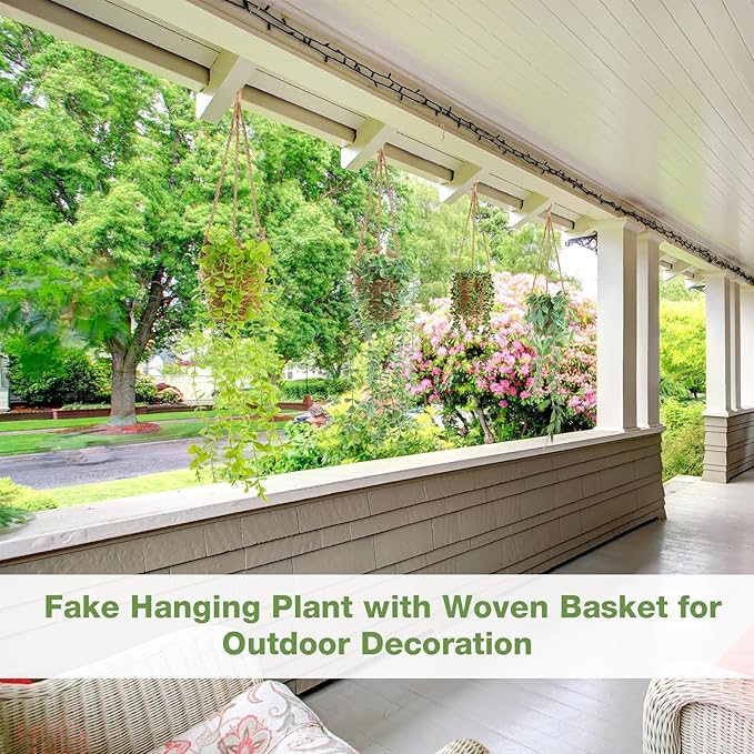 Giegxin Spring Mini Hanging Artificial Plant with Woven Basket Boho Fake Plants Ivy Faux Vines Eucalyptus Leaf for Indoor Home Wall Shelf Decor(6 Set,Green,Artificial Hanging Plants)
