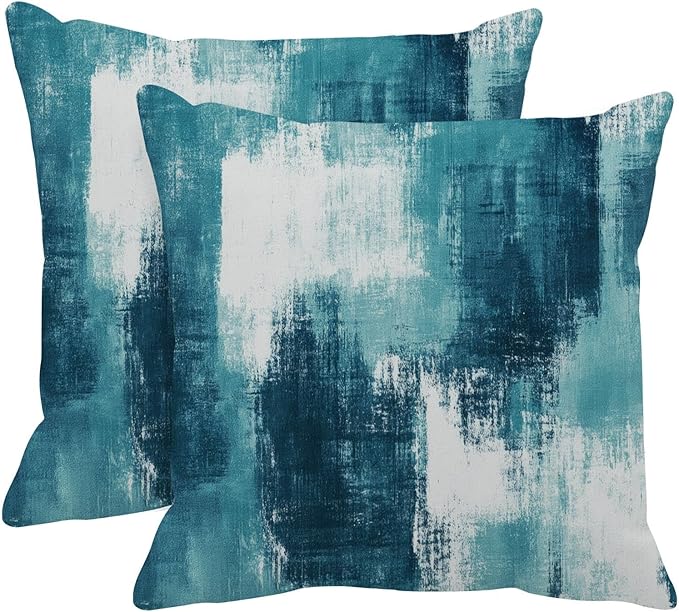 Britimes Throw Pillow Covers Modern Home Art Decor, 18 x 18 Inches Set of 2 Abstract Oil Painting Pillowcases for Bedroom, Living Room, Cushion Couch Sofa, Abstract White Teal