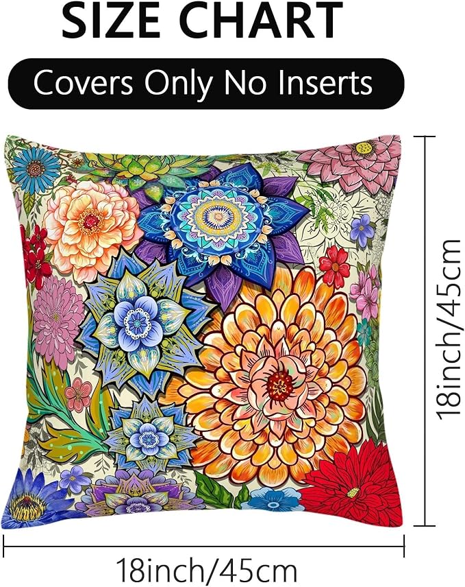 Colorful Boho Mandala Floral Throw Pillow Covers 18x18 Set of 2, Spring Easter Bohemian Decorative Pillowcases, Multicolor Flower Cushion Covers for Couch Sofa Bedroom Living Room Farmhouse Home Decor