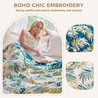 Boho Throw Blanket for Bed Cotton Spring Blankets Twin Size for Bedroom Living Room All Season Lightweight Leaves Embroidery Breathable Quilt for Couch Sofa Chair 60"x80" Home Decor