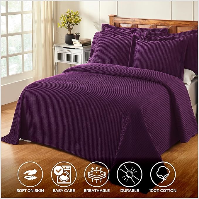 Better Trends Chenille Bedspreads Full/Double Size, Plum 100% Cotton Chenille Stripe Design Tufted Bedding Coverlet Soft Lightweight, 96"x110" with 2 Sham, 3 Pieces Set Jullian Collection