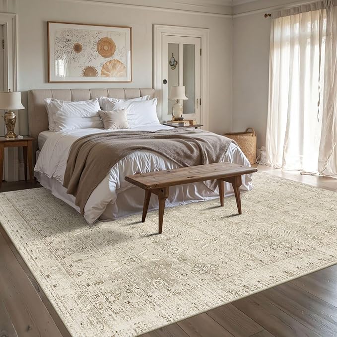 6x9 Area Rugs for Living Room Bedroom, Beige Large Washable Neutral Rug, Vintage Floral Retro Boho Non Slip & Low Pile Carpet for Indoor Dining Room, Classroom, Dorm, Nursery and Kids Room