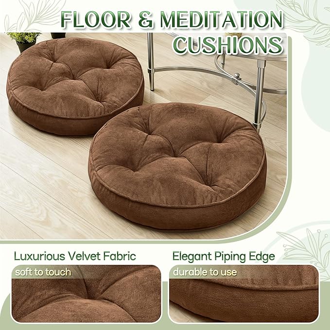 Floor Pillow Set of 2, Memory Foam Meditation Cushion, Floor Cushions for Adults Sitting, Large Round Seat Cushions for Yoga, Living Room, 20x20 Inch (Round | Brown)