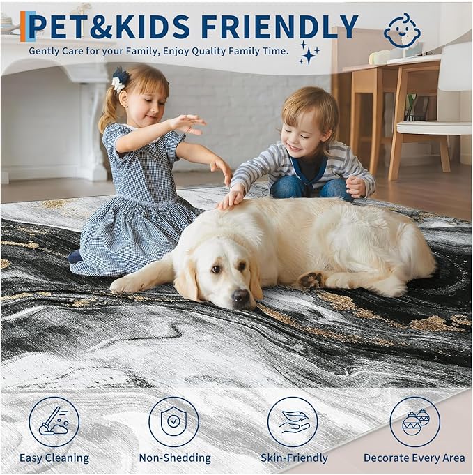 GarveeHome Modern Washable Rugs 5x7 Neutral Abstract Throw Rugs, Non-Slip Abstract Accent Carpet with Marble Swirl Pattern, Stain-Resistant Low Pile Indoor Carpet Rug for Living Room, Bedroom, Black