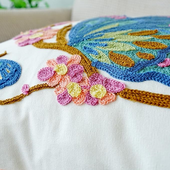vctops Floral Butterfly Embroidered Pillow Covers 18x18 Inch Spring Summer Cotton Tufted Throw Pillow Cover Outdoor Garden Cushion Case for Sofa, Bed, Living Room (Butterfly,18"x18")