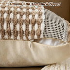 AmHoo Chenille Striped Textured Boho Throw Pillow Covers Aesthetic with Tassels Woven Decorative Pillow Case for Couch Bed Sofa Bedroom Modern Funky 18 x 18-Inch Taos Taupe