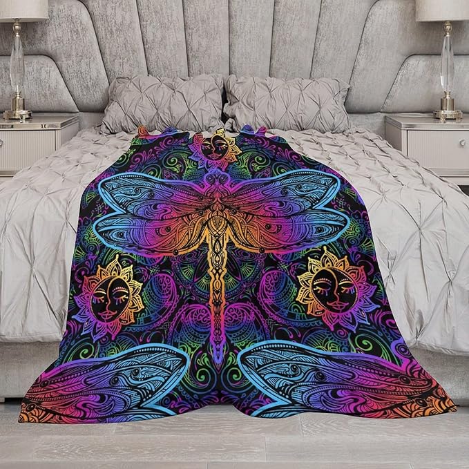 Mandala Boho Throw Blanket Colorful Dragonfly Sun Bohemian Blanket for Sofa Bed Couch Chair Or Dorm 60"x80"