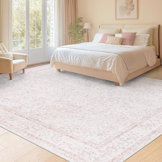 9x12 Area Rugs for Living Room: Washable Large Vintage Floral Rug Low Pile Non-Slip Boho Carpet for Bedroom Home Office Dining Room (Pink, 9'x12')