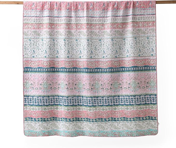 HORIMOTE HOME Boho Style Queen Quilt Set Pink Bohemian Floral Strip Quilt Beddding Set, Soft and Lightweight Bedspread for All Season, Full Size Bed Coverlet with 2 Matching Pillow Shams (3 Pieces)