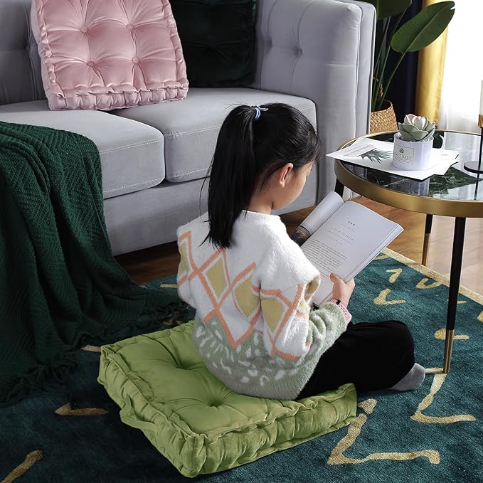 vctops Square Solid Color Velvet Seat Cushion with Handle Tufted Thicken Chair Pad Tatami Floor Pillow Cushion 16.5"x16.5"x4" Grass Green
