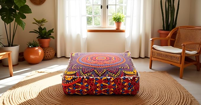 CRAFT KALA Large Hippie Mandala Meditation Floor Ottoman Pillow Cushion Pouf Cover Square Poufs Bohemian Circle Floor Cushion Case Outdoor Fireplace Yoga Living Room Decor Cover New Orange, 24" Square