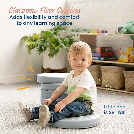 ECR4Kids SoftZone Floor Cushions, Round, Flexible Seating, Grey, 6-Piece