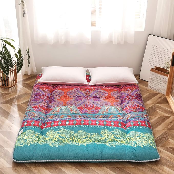 MAXYOYO Bohemian Retro Mattress Boho Floral Japanese Futon Mattress Tatami Floor Mat Foldable Portable Camping, Sleeping Pad, Lounger Couch Bed Full Size