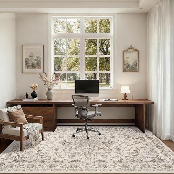 Area Rugs 10x14 Living Room Rug: Washable Rug Soft Vintage Distressed Floral Carpet Indoor Non-Slip Stain Resistant Large Carpets for Bedroom Dining Room Farmhouse Nursery Home Office Brown Beige