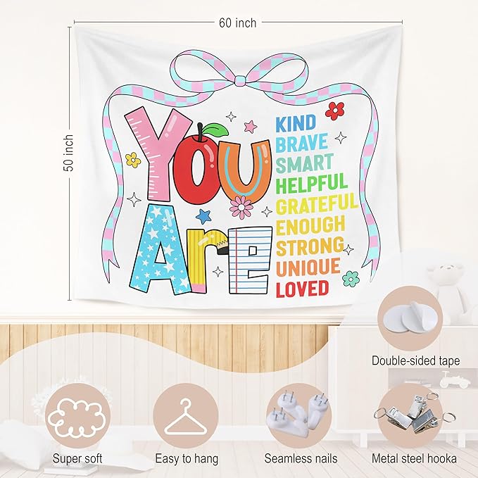 WARDOS Boho Positive Affirmations for Kids Tapestry, You Are Kind Inspirational Tapestry Wall Hanging, Coquette Bow Trendy Motivational Wall Blanket Decor for Kids Room Nursery Classroom, 50x60 Inch