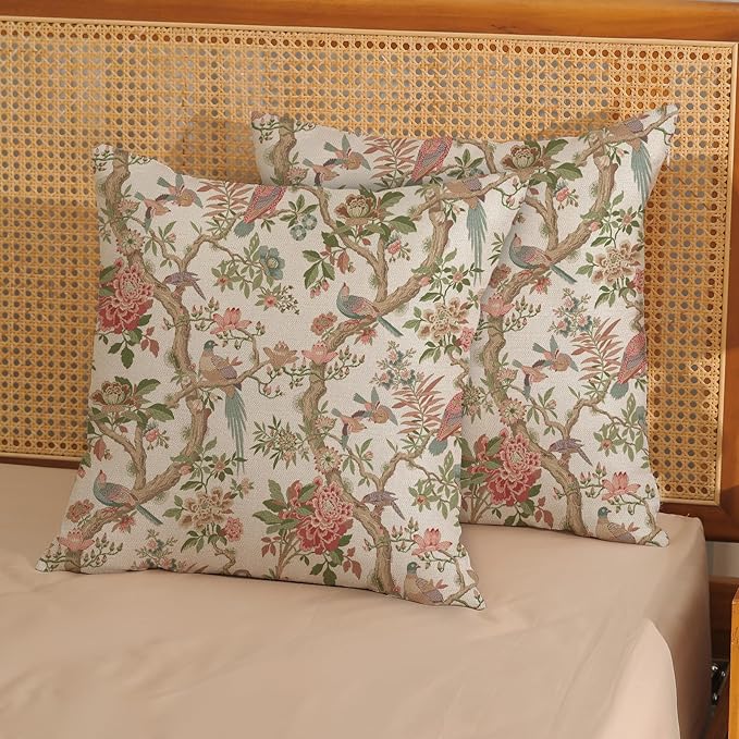 Chinoiserie Pillow Covers 18x18 Set of 2 Pink Green Bird Floral Throw Pillows Vintage Pink Flower Bird Decorative Pillow Cases Outdoor Chinoiserie Decor Farmhouse Cushion Case for Couch Sofa