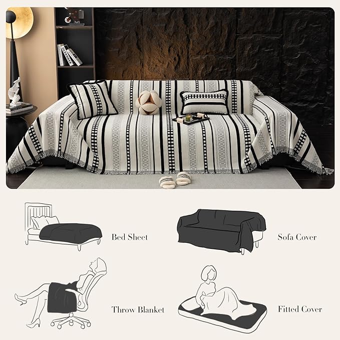 Striped Couch Cover Blankets, Boho Couch Covers, Sofa Blanket Cover for Dogs, Large Couch Covers for 3-4 Cusion Sofa, Chenille Sofas Covers Washable Sectional(1pc/Black/71 x 150")