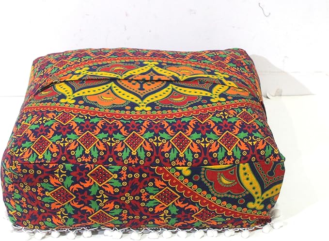 CRAFT KALA Large Hippie Mandala Meditation Floor Ottoman Pillow Cushion Pouf Cover Square Poufs Bohemian Circle Floor Cushion Case Outdoor Fireplace Yoga Living Room Decor Cover New Blue, 18" Square