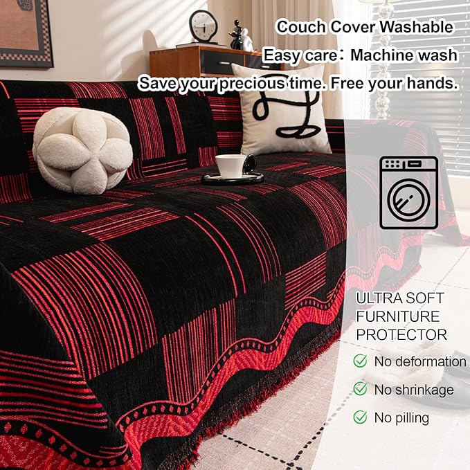 ROOMLIFE Black-Red Sofa Cover, Vintage Boho Couch Cover for 3 Cushion Sofa, Non Slip Chenille Sofa Slipcovers for Dog, Washable Furniture Sofa Protector Cover with Tassel for Living Room, 71''X150”