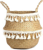 Tassel Macrame Woven Seagrass Belly Basket for Storage, Decoration, Laundry, Picnic, Plant Basin Cover, Groceries and Toy Storage (Large, Tassel)