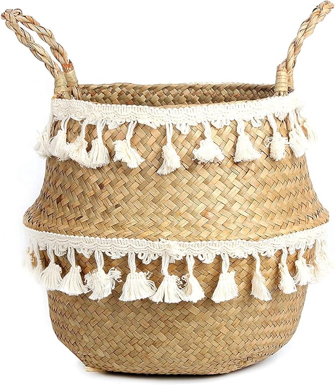 Tassel Macrame Woven Seagrass Belly Basket for Storage, Decoration, Laundry, Picnic, Plant Basin Cover, Groceries and Toy Storage (Large, Tassel)