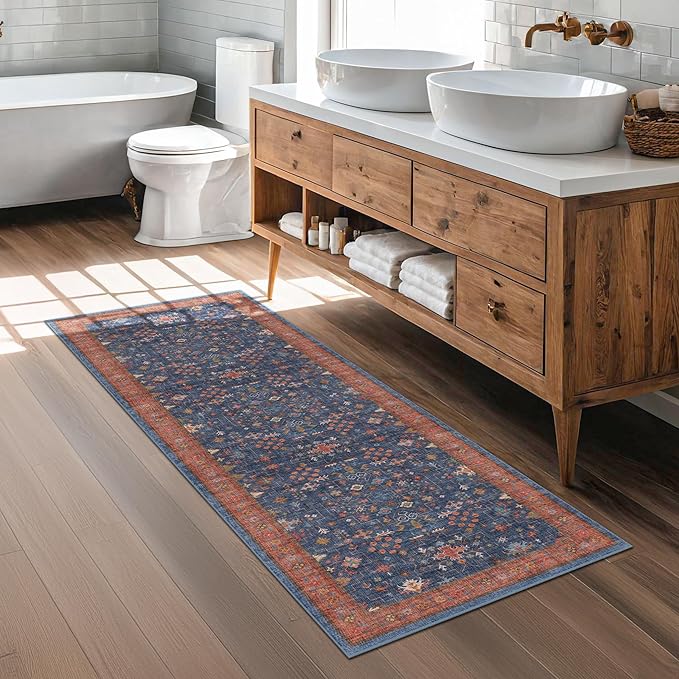 Navy Blue Runner Rug 2x5 for Hallway, Kitchen, Bathroom, Mudroom, Laundry Room, Washable Non Slip Non Skid Rubber Backing Low Pile Stain Resistance