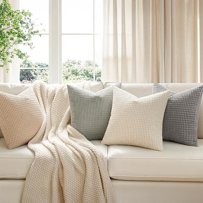 MIULEE Boho Farmhouse Decorative Pillow Covers 18x18 Inch Set of 4 Rustic Modern Home Decor Couch Throw Pillows Corduroy Pillowcases for Sofa Living Room Bed Neutral