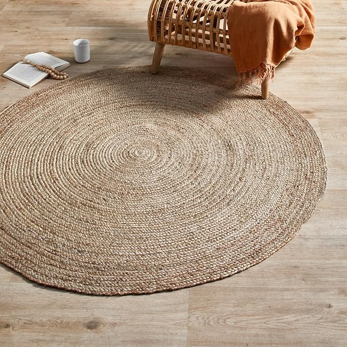 FRELISH DECOR Handwoven Jute Area Rug - 5 feet Round - Natural Yarn - Rustic Vintage Beige Braided Reversible Rug - Eco Friendly Rugs for Bedroom - Kitchen - Living Room - Farmhouse (5' Round)
