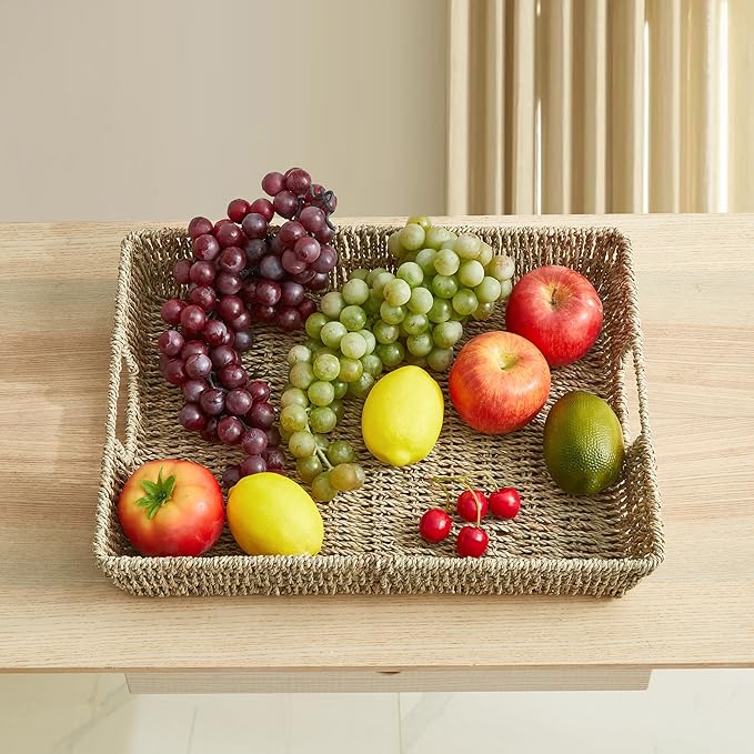 16.93 inch Rectangular Wicker Tray, Hand-Woven Rattan Serving Trays with Handles for Snack Drinks Coffee Table Tray, Seagrass 1Pack