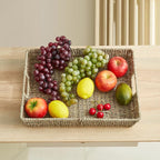 16.93 inch Rectangular Wicker Tray, Hand-Woven Rattan Serving Trays with Handles for Snack Drinks Coffee Table Tray, Seagrass 1Pack