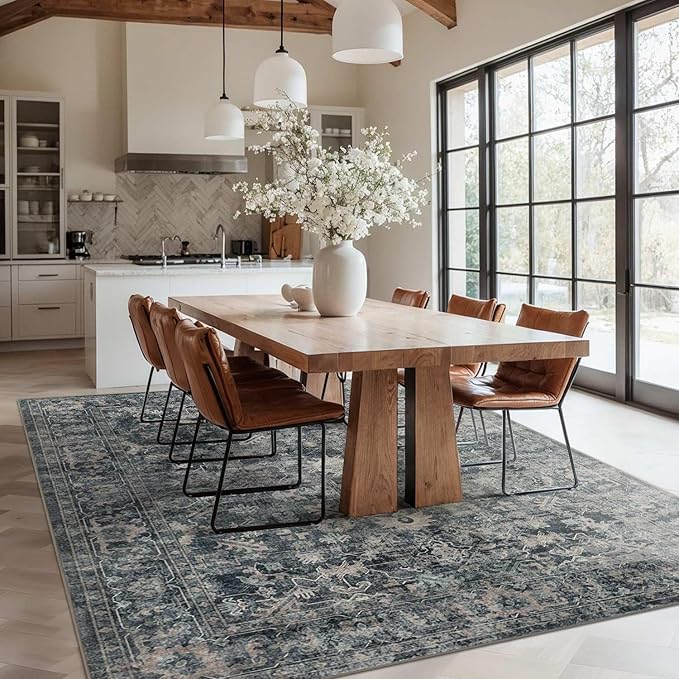 6x9 Area Rugs for Living Room Bedroom, Large Washable Rug, Blue Vintage Floral Boho Style, Non Slip & Low Pile Carpet for Indoor Dining Room, Dorm and Kids Room(Blue 6x9ft)