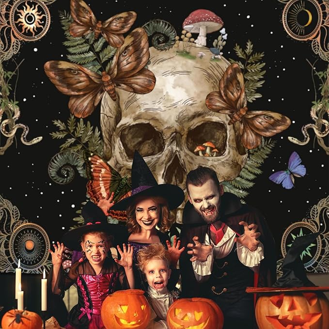 Avinyl Halloween Gothic Tapestry for Bedroom,Vintage Goth Skull Whichy Butterfly Floral Wall Tapestries, Skeleton Moth Mushrooms Poster Backdrop for Living Gaming Room Dorm Decor 60in X 79in