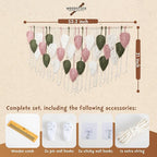 WOODSTICK Large Macrame Wall Hanging 52.3"W x 31"L - Boho Wall Decor in Beige, Old Pink & Green - Chic Woven Leaf Leaves Boho Tapestry, Handmade Cotton Fiber Art, Macrame Wall Décor, Bedroom Tapestry
