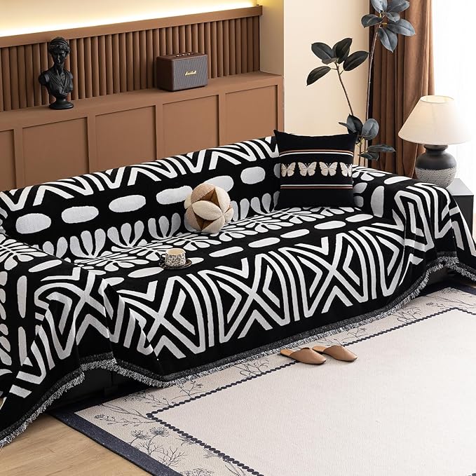 VClife Minimalism Tribal Couch Cover Non Slip White Black Geometric Jacquard Sofa Cover Washable Bohemian Style Aztec Couch Slipcover for Sectional Couch Chenille Furniture Protector 71''x150''