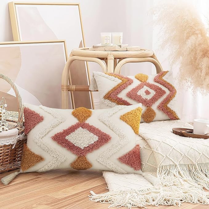 Merrycolor Boho Lumbar Throw Pillow Cover 12x20 inch,Bohemian Tufted Decorative Pillow Covers with Tassels for Couch Sofa Bedroom Living Room