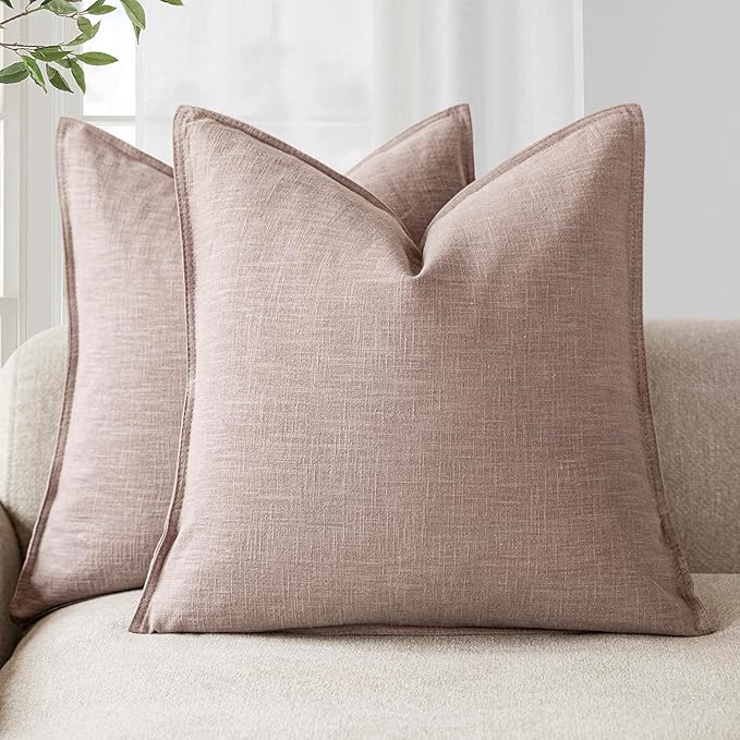 Foindtower Set of 2, Decorative Linen Soild Throw Pillow Covers Soft Accent Euro Cushion Case Boho Farmhouse Pillowcase for Chair Couch Sofa Bedroom Living Room Home Decor 18 x 18 Inch Dusty Pink