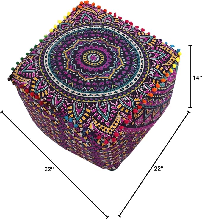 CRAFT KALA Large Hippie Mandala Meditation Floor Ottoman Pillow Cushion Pouf Cover Square Poufs Cover Bohemian Floor Cushion Cover Outdoor Fireplace Living Room Decor 22X22X14 inches, New Pink Ombre
