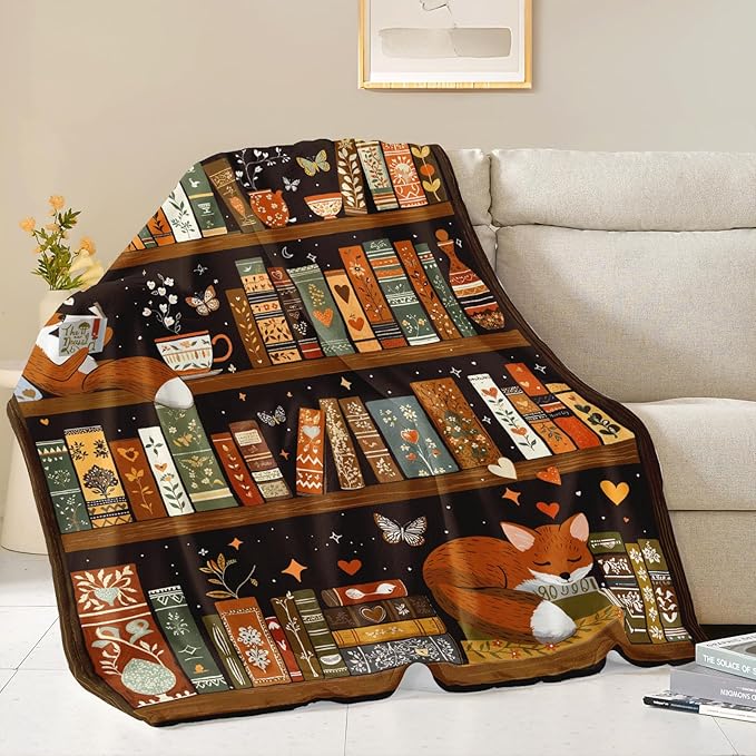 Bookshelf Throw Blanket, Retro Soft Cozy and Warm Couch Blankets Gift for Bookshelf Lover, Decorative Blankets for Sofa Couch Bed, Brown Black 50×60 inches