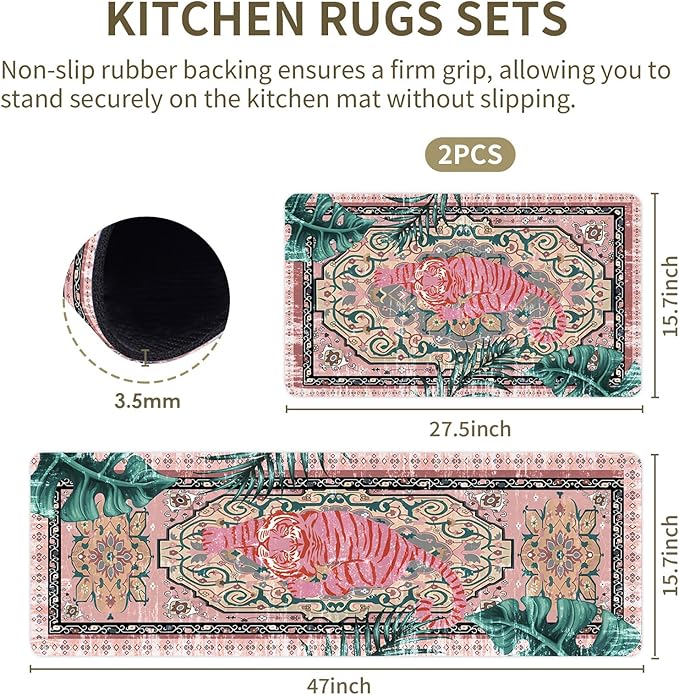 Tiger Rugs for Kitchen Floor, Anti Fatigue Mats for Kitchen Floor Non Slip, 2PCS Rubber Kitchen Mat, Washable Cushioned Carpet Rug for Sink Laundry Gifts for Christmas 15.7"×27.5" +15.7"×47" 3.5mm