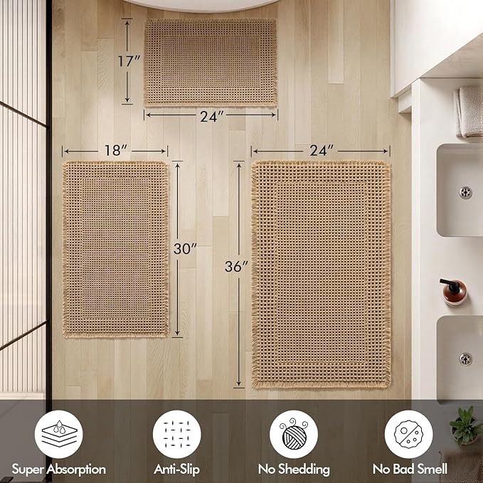 MIULEE Set of 2 Waffle Bathroom Rugs, Boho Bath Rug Super Absorbent, Non Slip Washable Ultra Soft Rubber Backed Shower Bath Mats for Floor, Tub, Shower, Bordered Design, Brown, 18x30 Inch