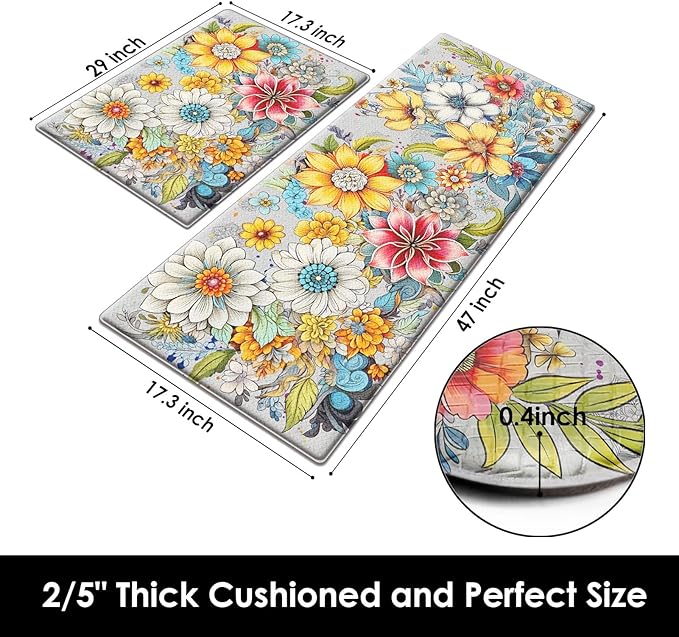 Arttown Boho Anti-Fatigue Kitchen Rug Set of 2 Colorful Floral Mandala Cushioned Floor Standing Mat Waterproof Non-Slip Mat and PVC Ergonomic Comfort Foam Rug
