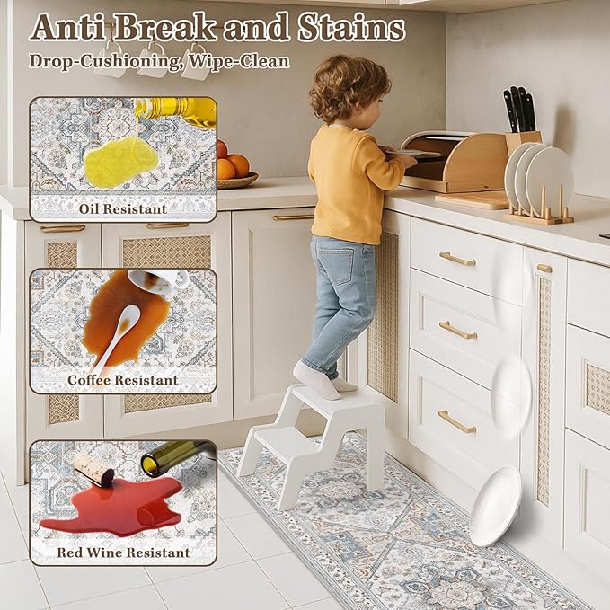 Arttown Kitchen Mats for Floor 2Pcs-Anti Fatigue Non Slip Mats for Kitchen Floor, Cushioned Waterproof & Stain-Resistant Boho Stripe Square Mat Set, Laundry Room, Office, Sink, Desk (White/Blue)