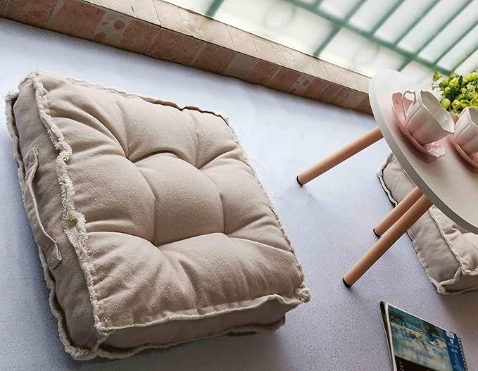 Verpert Square Thick Floor Seating Cushions,Solid Thick Tufted Cushion Meditation Pillow for Sitting on Floor,Tatami Pad for Guests or Kids Reading Nook,Yoga Living Room Sofa Balcony Outdoor (Beige)